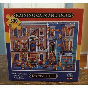 500 Piece Eric Dowdle Folk Art Jigsaw Puzzle RAINING CATS AND DOGS